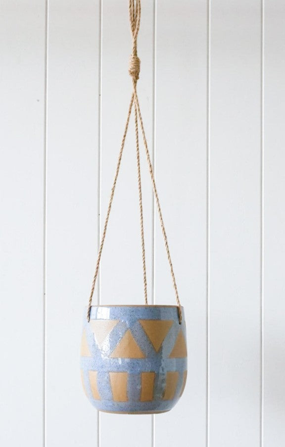 Hanging Pot Planter - Blue with Tan Pattern