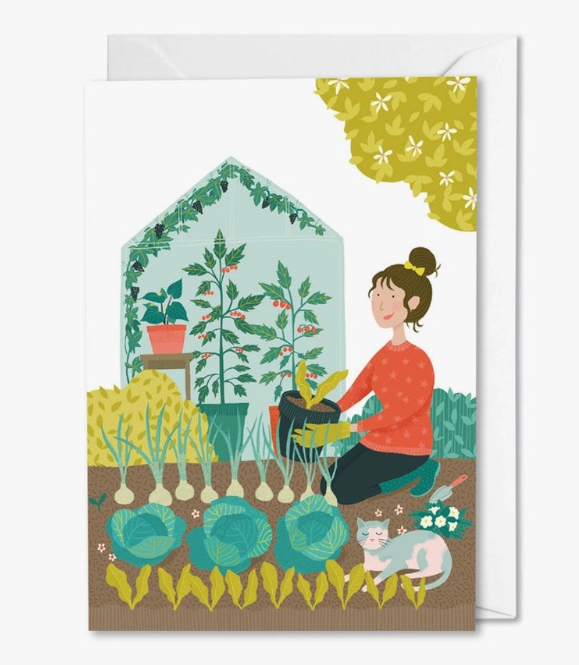 Vegetable Gardener and Cat Greetings Card