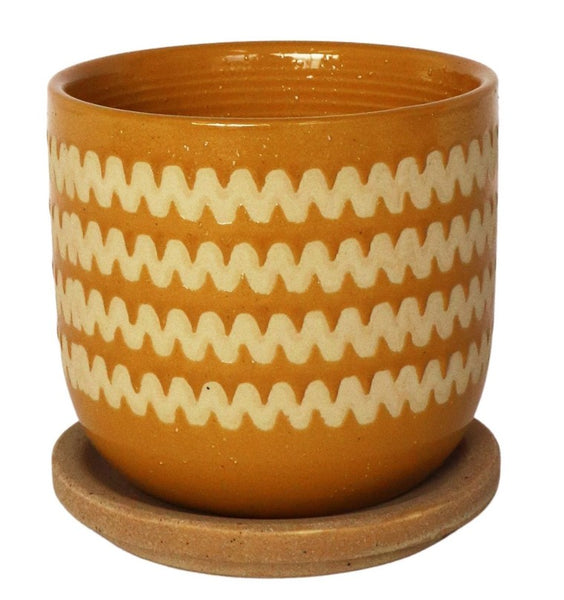 Mustard Zig Zag Planter with Saucer - Small