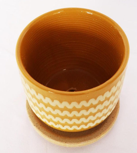 Mustard Zig Zag Planter with Saucer - Small