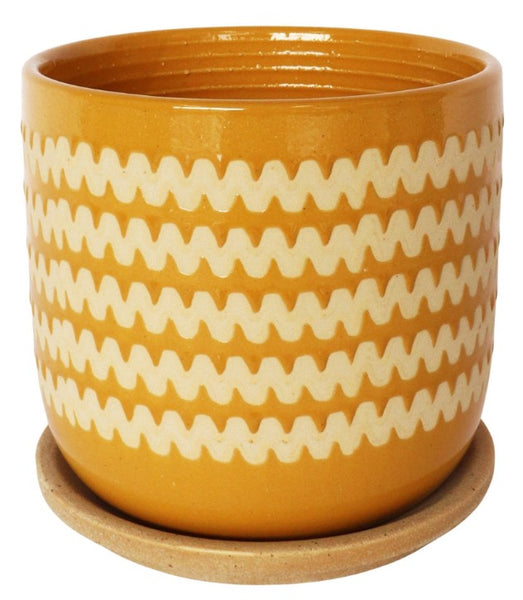 Mustard Zig Zag Planter with Saucer Medium