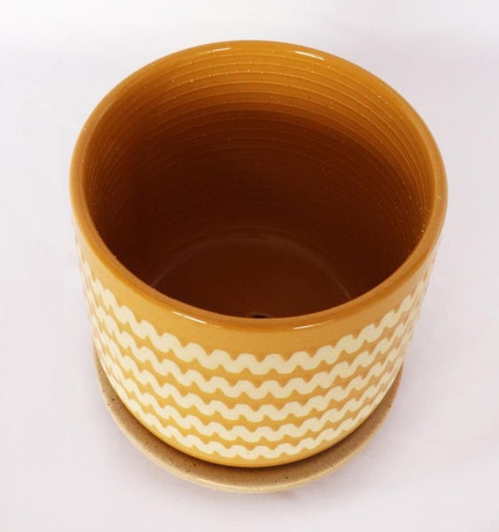 Mustard Zig Zag Planter with Saucer Medium