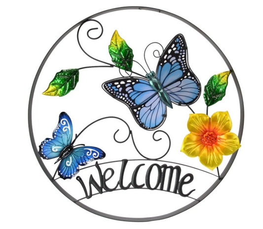 Metal & Glass Butterfly Welcome Sign Wall Art 54cm