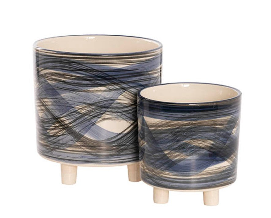 Wavey Blue/Black/Cream footed planters Large and Medium