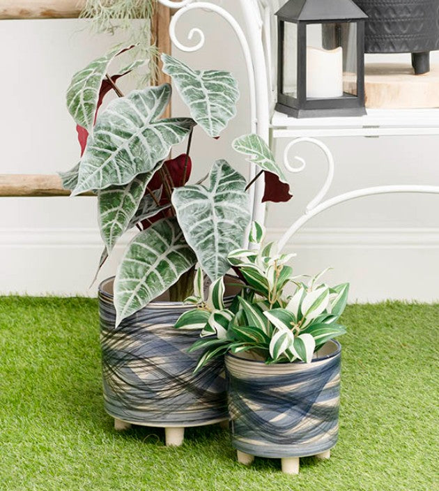 Wavey Blue/Black/Cream footed planters Large and Medium