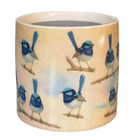 Blue Wren Planter Blue & Yellow 14cm