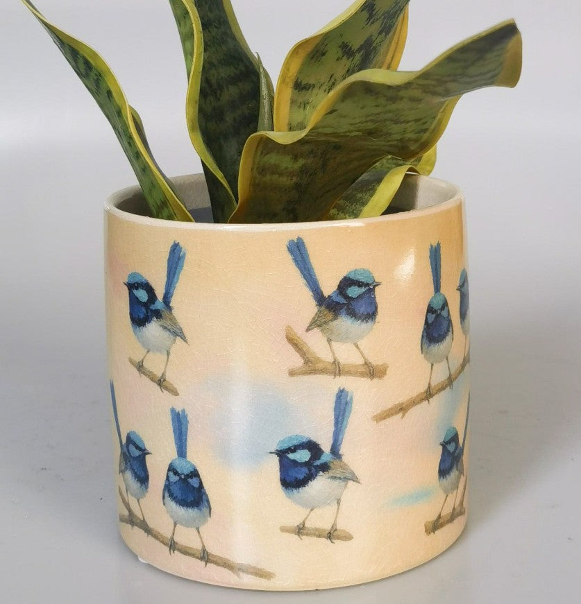 Blue Wren Planter Blue & Yellow 14cm