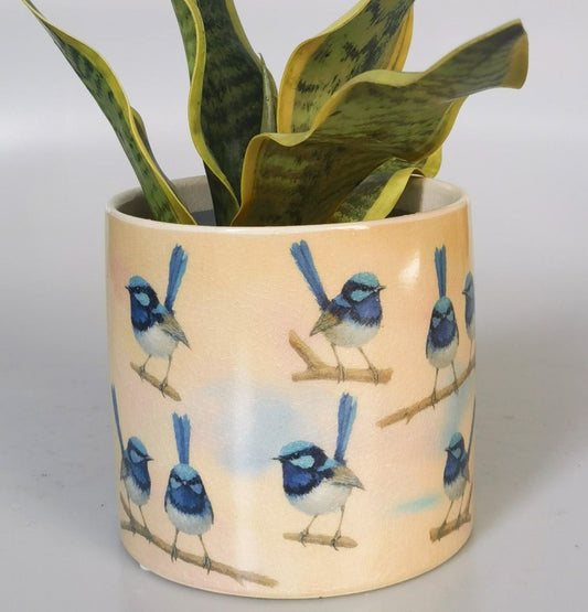 Blue Wren Planter Blue & Yellow 14cm