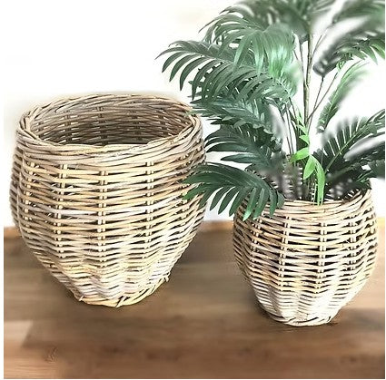 Rattan Round Belly Planters Large and Small