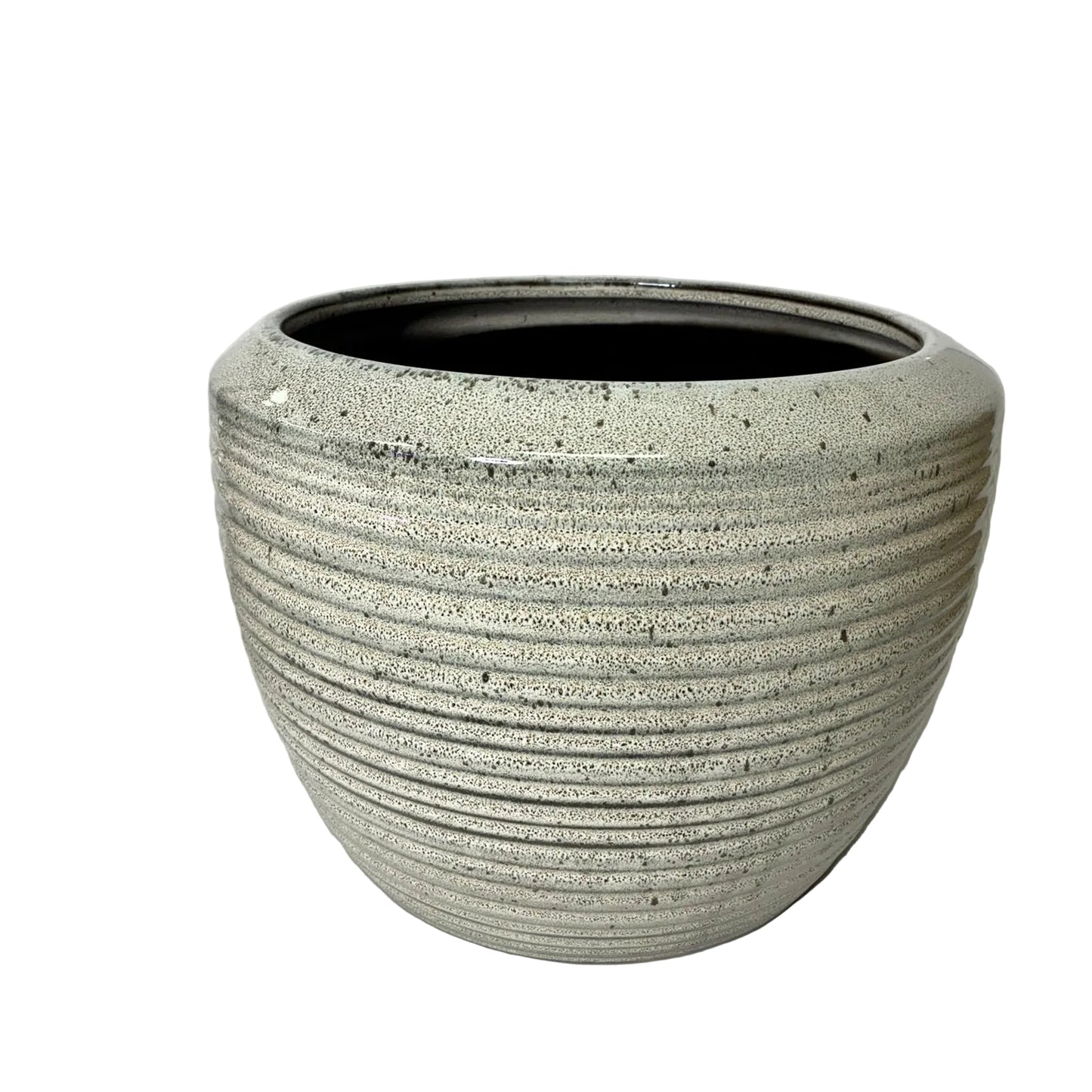 A round, ribbed ceramic planter pot with a speckled light gray and white glaze, set against a plain white background.