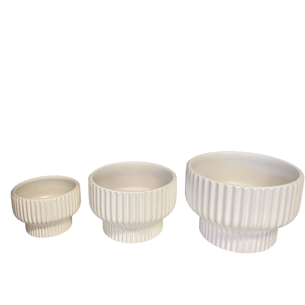 White Ribbed Ceramic Planters Set 3