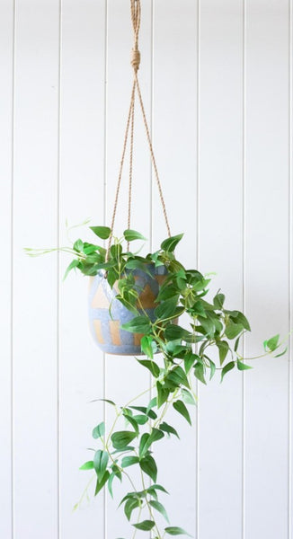 Hanging Pot Planter - Blue with Tan Pattern